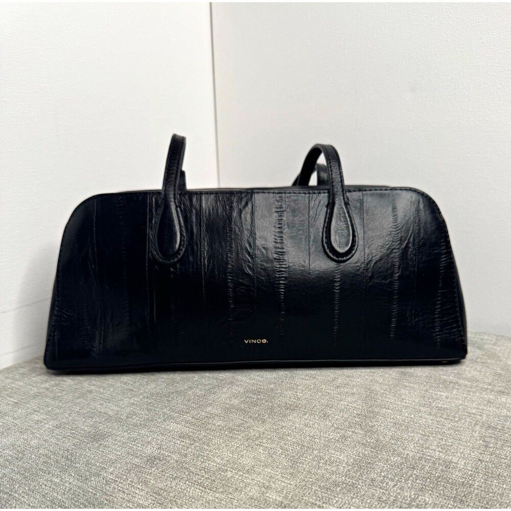 Vince Black Eel Embossed Leather East West Shoulder Tote Bag Gold Hardware